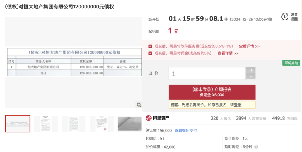 1元起拍<strong></p>
<p>安网币</strong>，恒大地产集团1.2亿元债权拍卖参与者众多