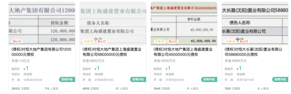 1元起拍<strong></p>
<p>安网币</strong>，恒大地产集团1.2亿元债权拍卖参与者众多