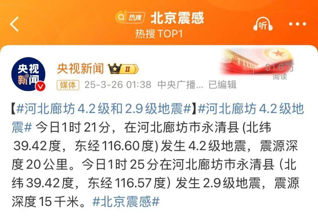 震醒了<strong></p>
<p>洛奇币</strong>！“北京震感”热搜第一！河北廊坊凌晨2次地震