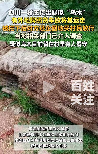 四川一村庄疑挖出珍贵乌木<strong></p>
<p>土币</strong>，有人想运走被拦下，当地回应